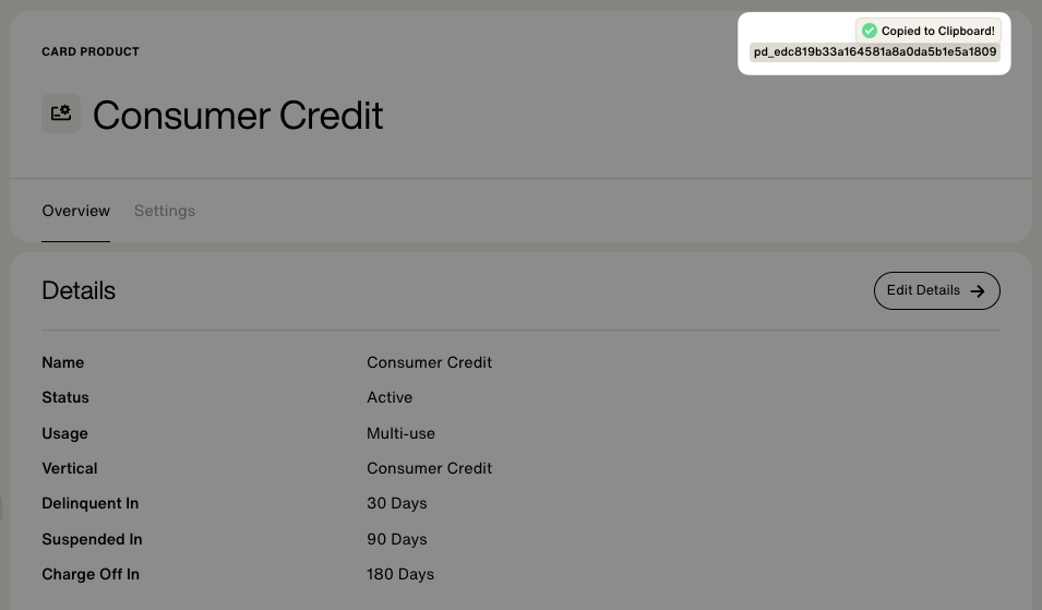 Dashboard product settings page with card product ID highlighted