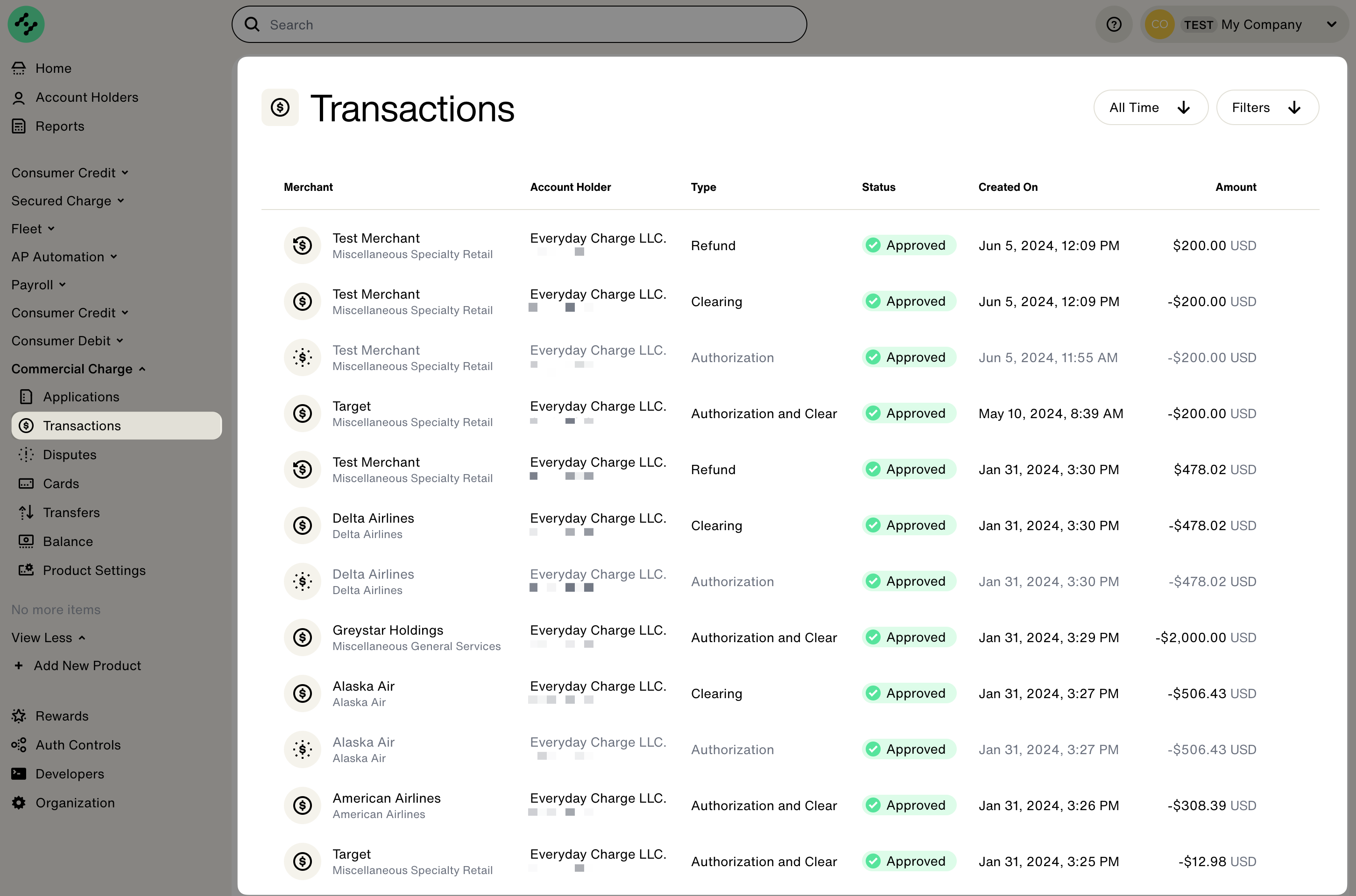 Screenshot of the transactions page of the Highnote dashboard, with the navigation menu icon highlighted