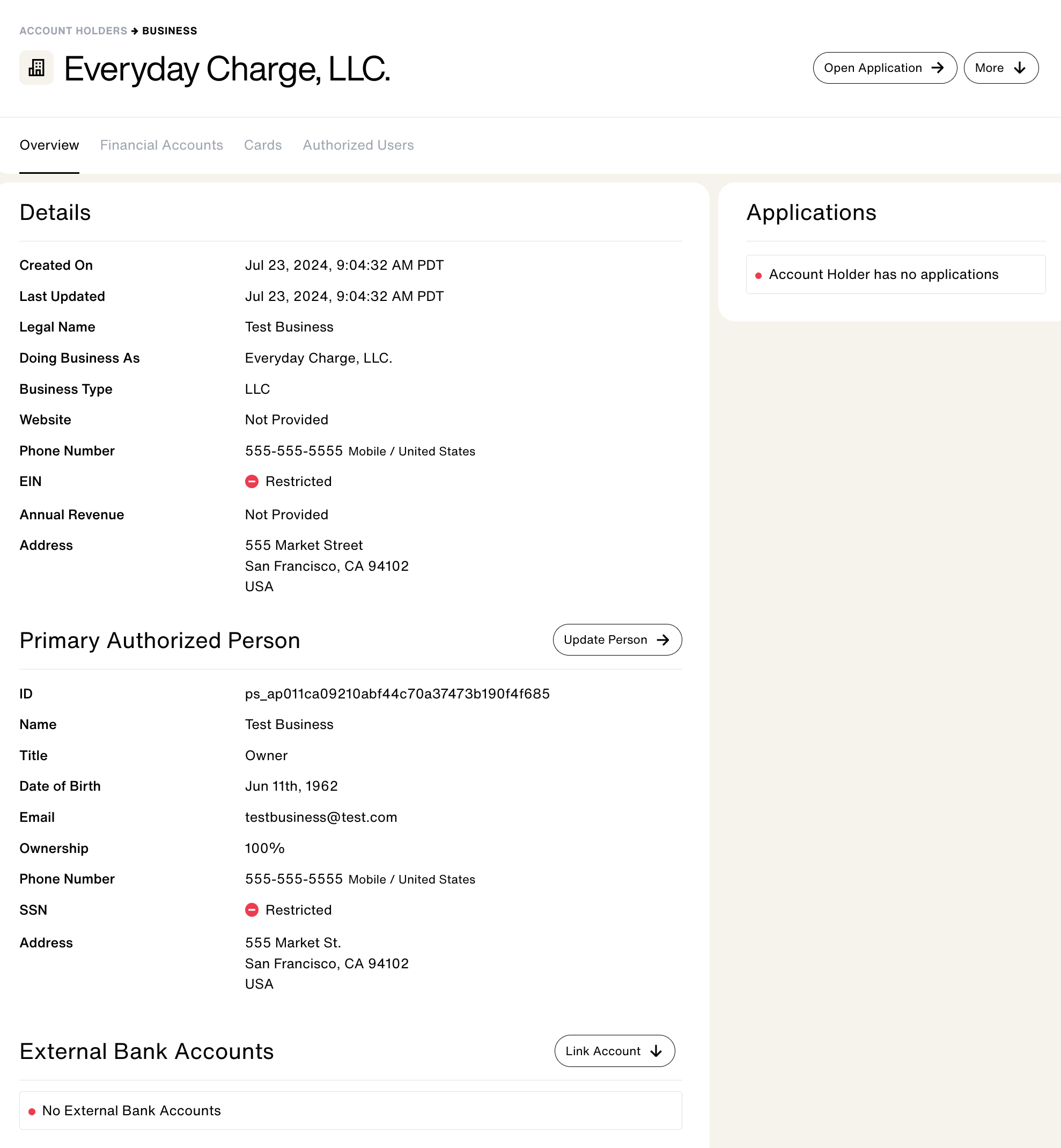 Screenshot of the business account holder detail page in the Highnote dashboard